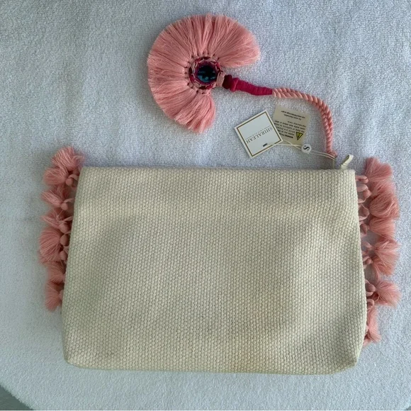 Shiraleah 12” x 8 “ Cosmetic NWT Boho Zip Bag Cream & Pink Lined Thick Plastic - Picture 2 of 8